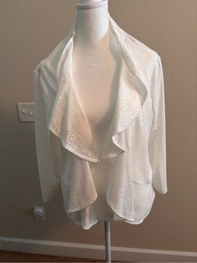 Nina Leonard White Eyelet Ruffle Open Front Cardigan